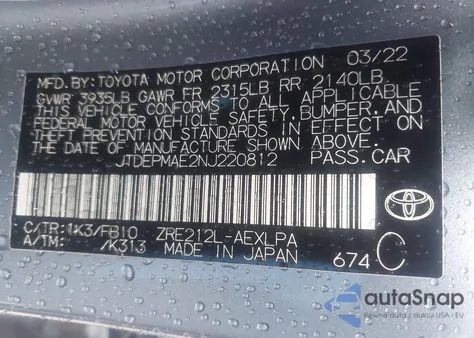 2022 Toyota Corolla Le из США, поврежденный, VIN JTDEPMAE2NJ220812